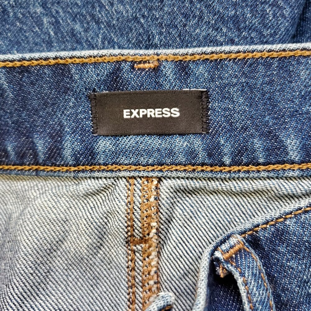 Express Super High Waisted Flare Hem Front Slit Denim Midi Skirt 8 - Picture 4 of 10